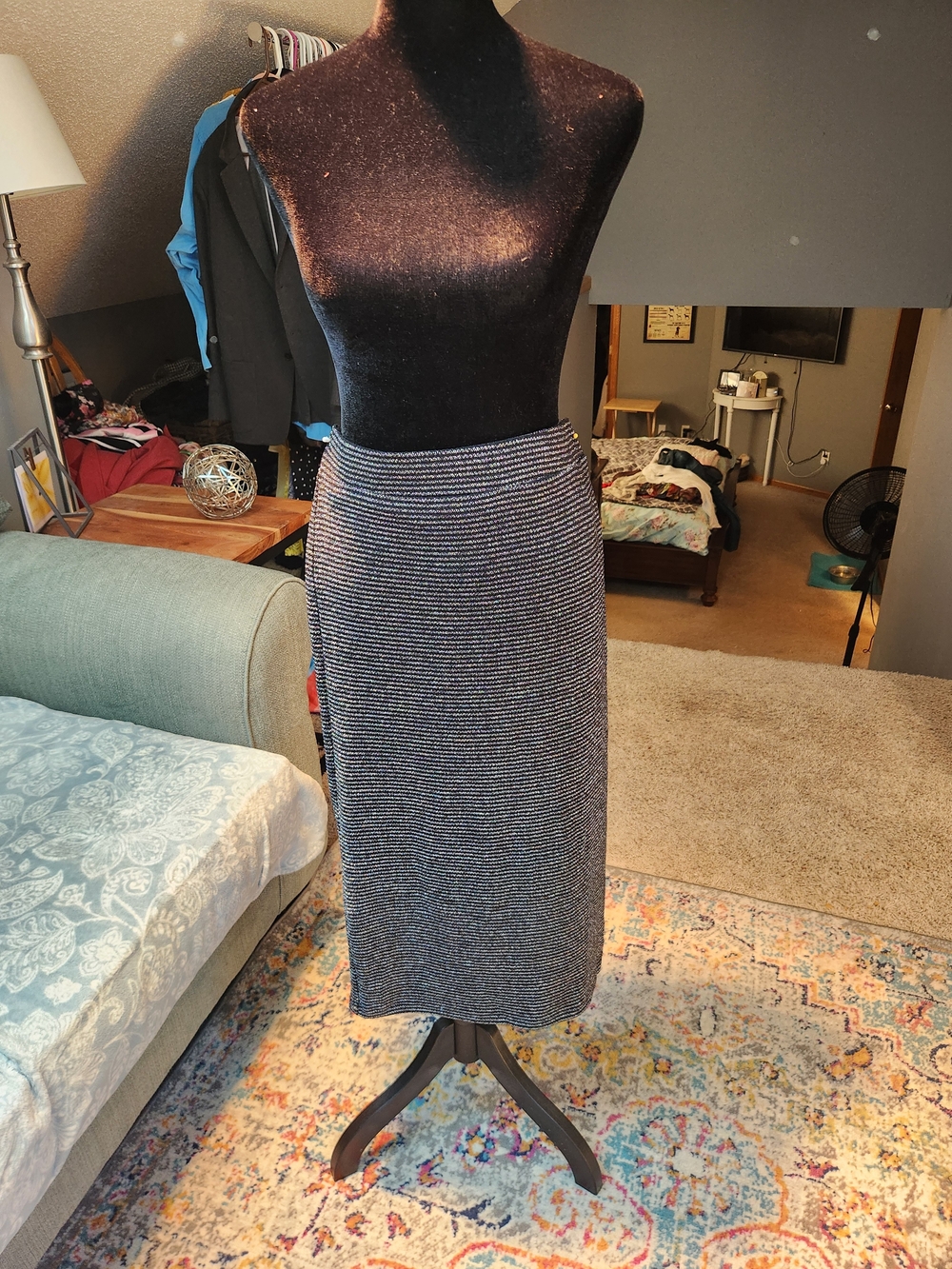 Sanctuary At Evereve Sparkly Silver & Black Ribbed Midi Pencil Skirt Nwt New!